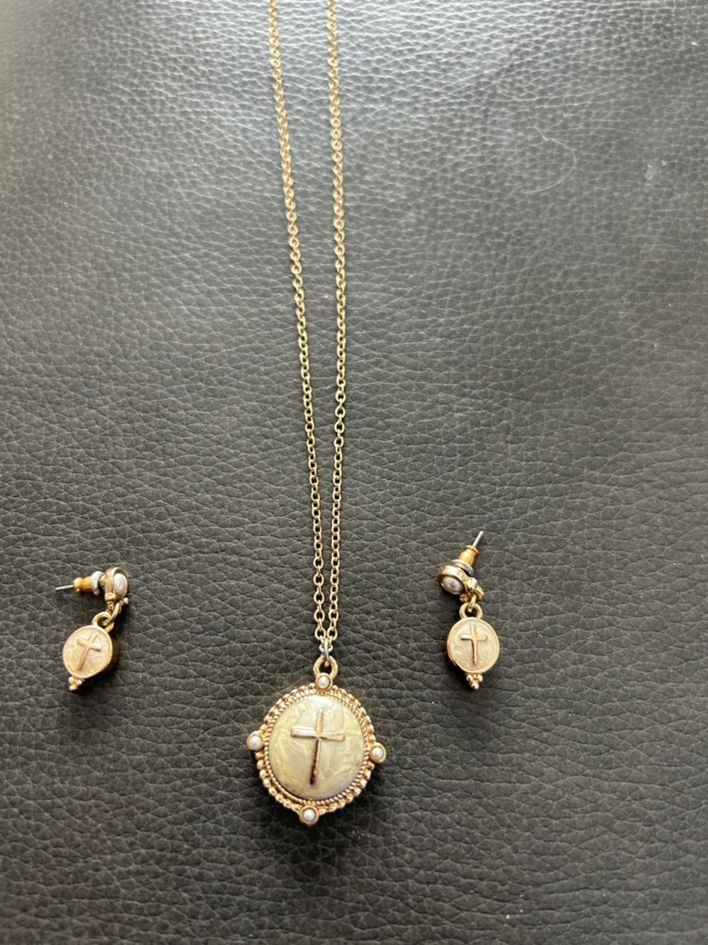 Gold-Tone Cross Pendant Necklace and Earring Set
